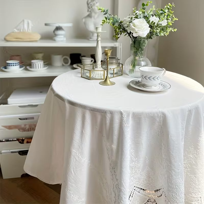 1pc White Lace Cotton Tablecloth – Farmhouse Elegant Table Cover