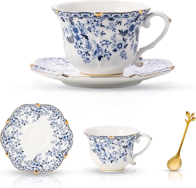 Vintage Bone China Tea Cup & Saucer Set – Country Roses, 3 Pieces