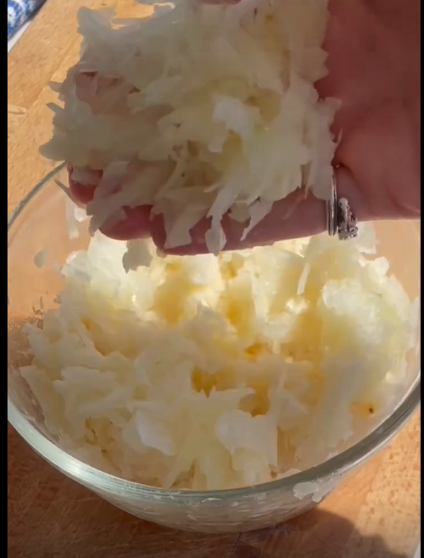 Combine potatoes, onion, eggs, potato starch, matzo meal (or flour), and spices.