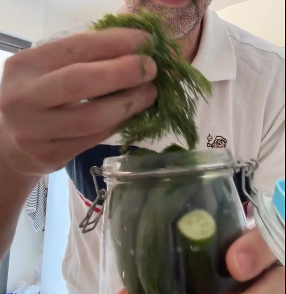 Place garlic, peppercorns, bay leaves, chili, and dill at the bottom of a clean jar. Pack vegetables tightly on top.