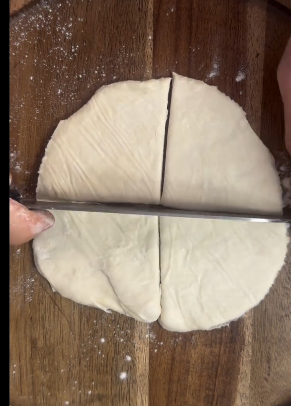 Cut laminated dough into medium-to-large circles. Slice circles into asymmetrical triangles using a sharp knife or wheel cutter and stack slightly to build distinct layers.