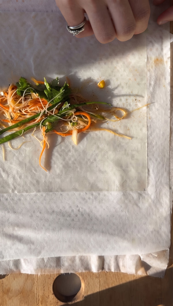 Soak rice noodles or bean threads in hot water for 2 minutes, drain, and cut
slightly. Toss with julienned vegetables (carrots, zucchini, cabbage, onion, green onion), optional cooked
chicken/tofu, ginger, cilantro, and seasonings.
