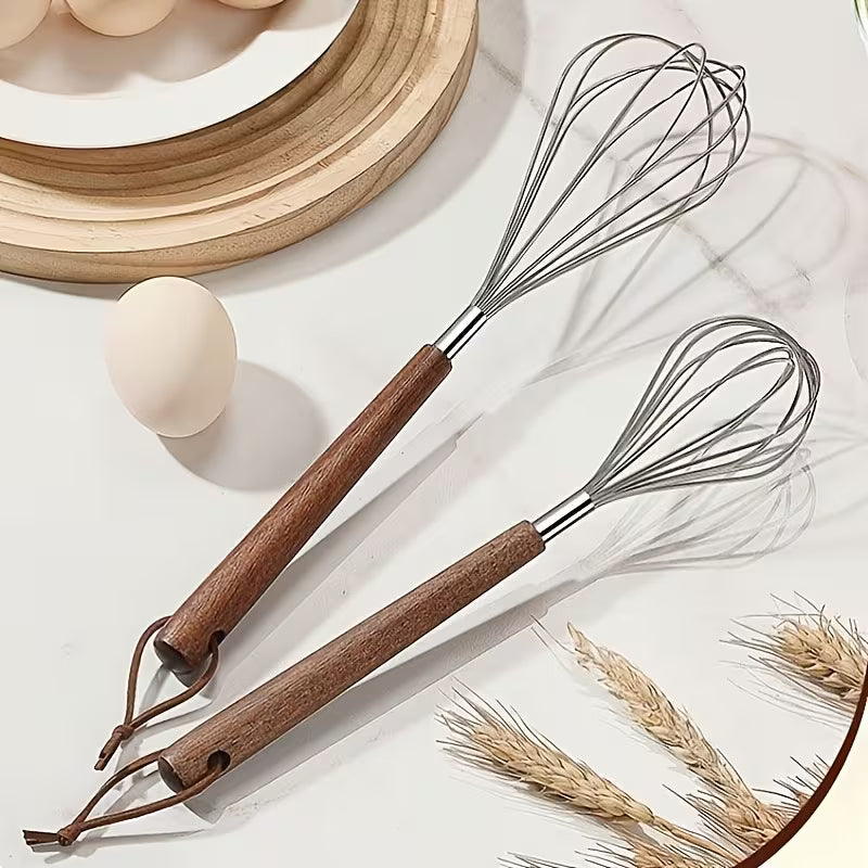 2pcs Stainless Steel Egg Whisks – Wooden Handle Handheld Mixers