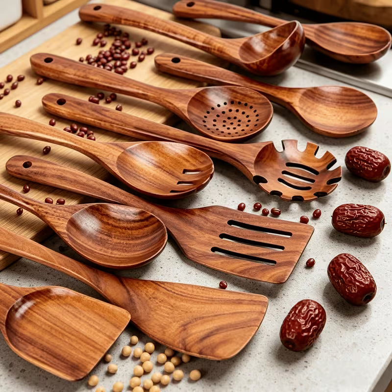 10/4pcs Natural Wooden Kitchen Utensil Set – Durable Spoons for Stirring, Mixing & Serving