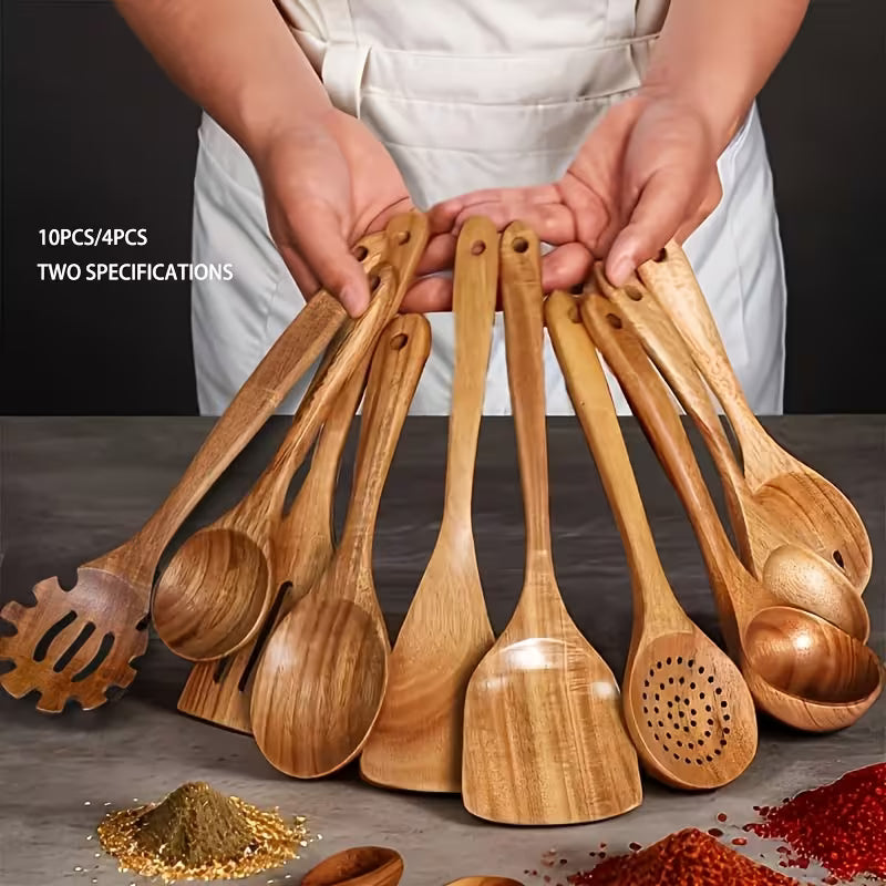 10/4pcs Natural Wooden Kitchen Utensil Set – Durable Spoons for Stirring, Mixing & Serving