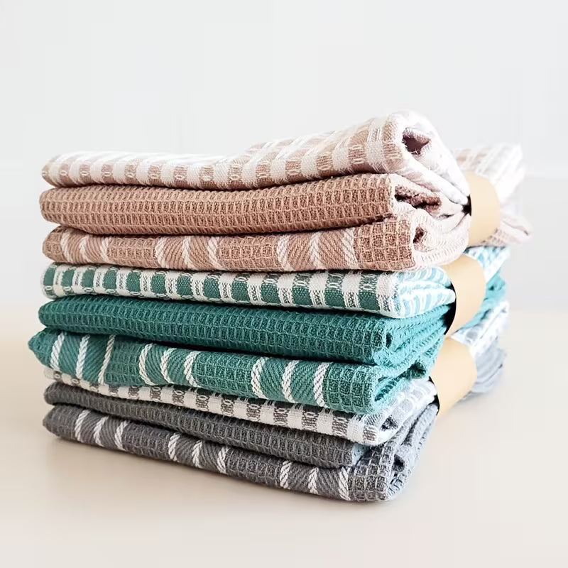 3pcs Absorbent Waffle Weave Kitchen Towels – Green Plaid & Striped