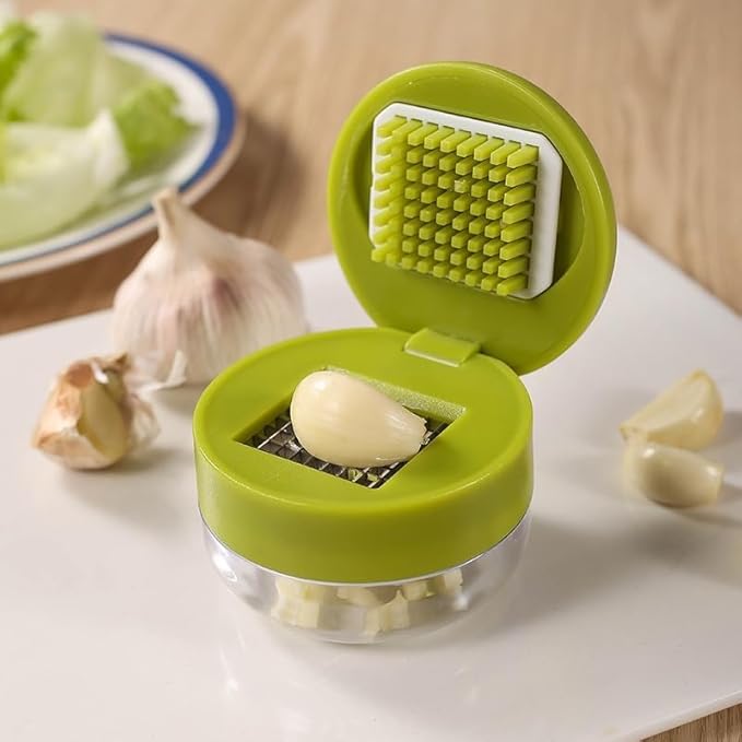 Manual Garlic Chopper with Container – Stainless Steel Garlic Mincer & Press