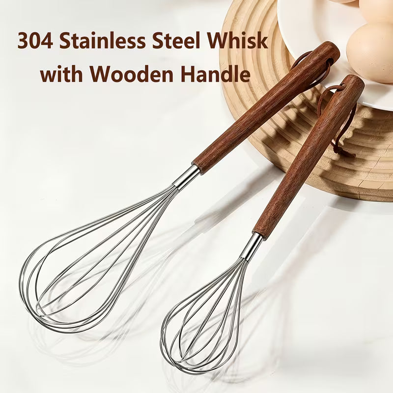 2pcs Stainless Steel Egg Whisks – Wooden Handle Handheld Mixers