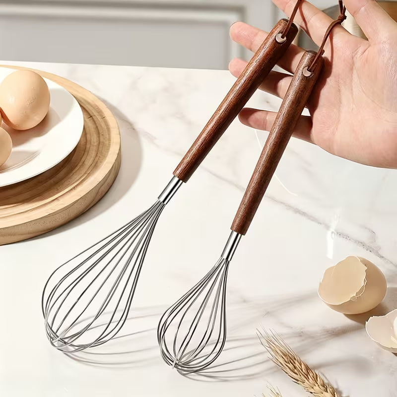 2pcs Stainless Steel Egg Whisks – Wooden Handle Handheld Mixers