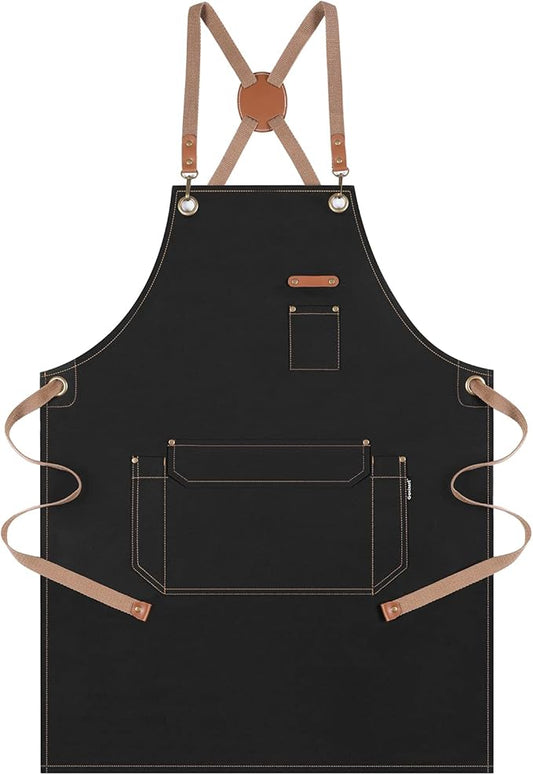 Genixart Cotton Canvas Chef Apron | Cross Back, Adjustable, Large Pockets, Black