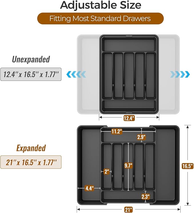 Ukeetap Extra Large Cutlery Drawer Organizer | Adjustable Silverware Holder, Black