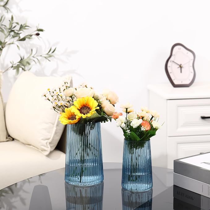 Ribbed Blue Glass Flower Vases Set of 2