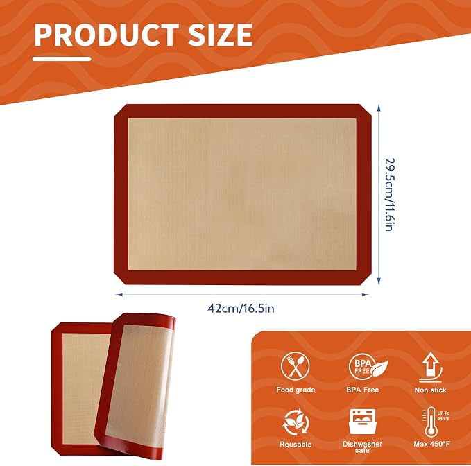 2-Pack Silicone Baking Mats, 16.5 x 11.6 Inch Reusable Nonstick Baking Sheets