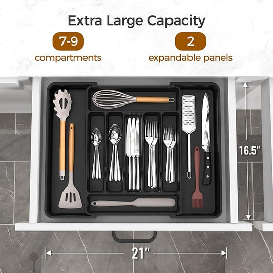 Ukeetap Extra Large Cutlery Drawer Organizer | Adjustable Silverware Holder, Black