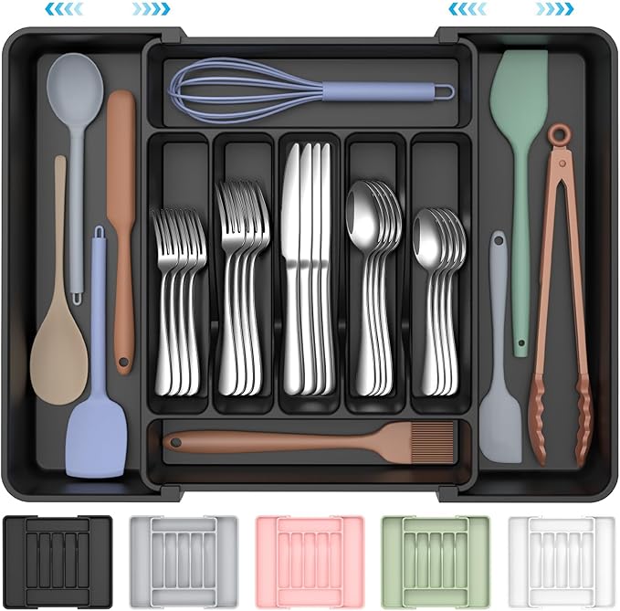 Ukeetap Extra Large Cutlery Drawer Organizer | Adjustable Silverware Holder, Black