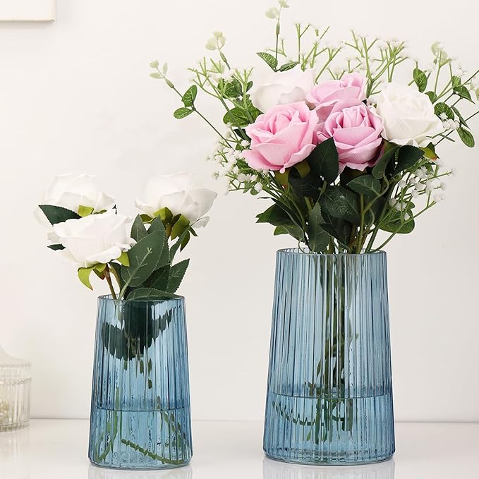 Ribbed Blue Glass Flower Vases Set of 2