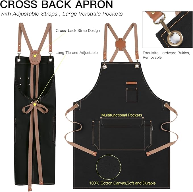 Genixart Cotton Canvas Chef Apron | Cross Back, Adjustable, Large Pockets, Black