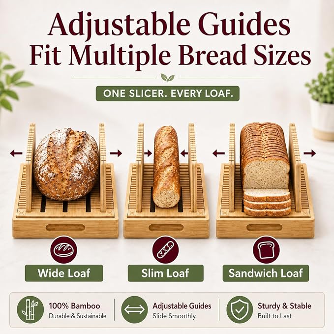 Fir and Favour Adjustable Bamboo Bread Slicer with Crumb Tray