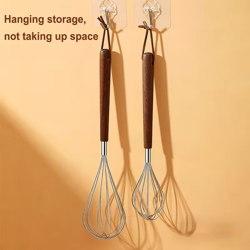 2pcs Stainless Steel Egg Whisks – Wooden Handle Handheld Mixers