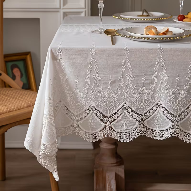 1pc White Lace Cotton Tablecloth – Farmhouse Elegant Table Cover