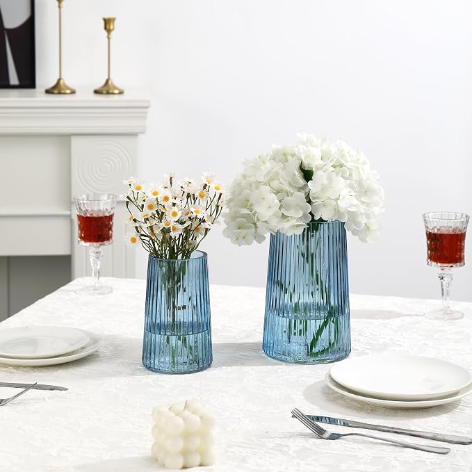 Ribbed Blue Glass Flower Vases Set of 2