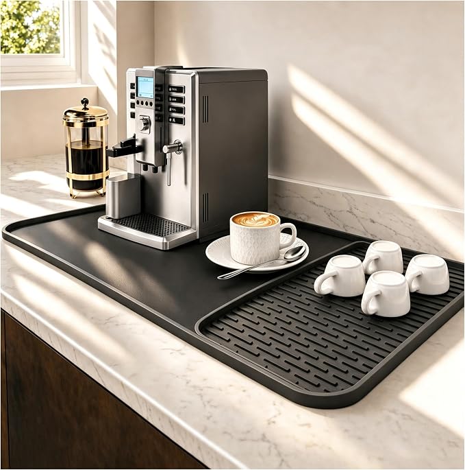 Caketime 2-in-1 Coffee Bar Mat | Silicone Dish Drying Rug for Kitchen Counter, Black