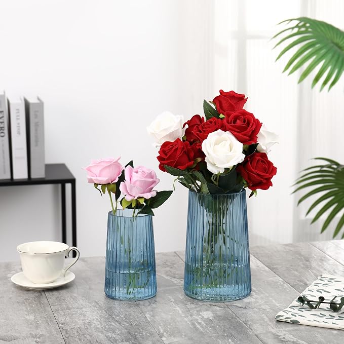Ribbed Blue Glass Flower Vases Set of 2