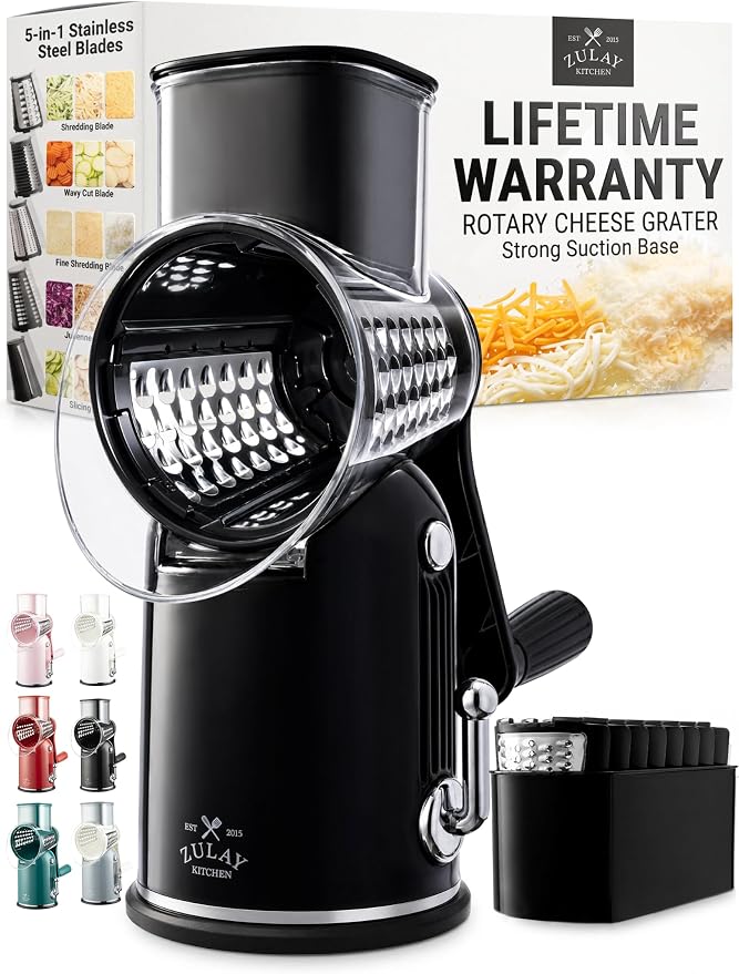 Zulay Kitchen Hand Crank Cheese Grater | 5-Blade Rotary Vegetable Slicer