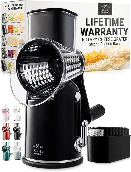 Zulay Kitchen Hand Crank Cheese Grater | 5-Blade Rotary Vegetable Slicer