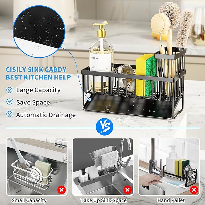 Cisily Stainless Steel Sink Organizer | Sponge Holder & Brush Holder with Drain Tray