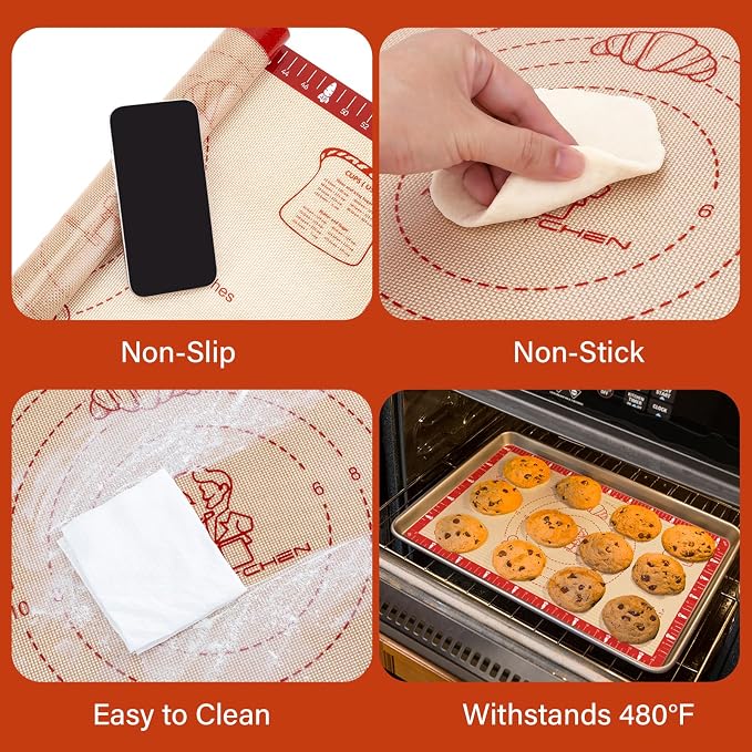 Extra Thick Silicone Baking Mat with Recipes, 26x16 Inch Nonstick Pastry Mat with Measurements