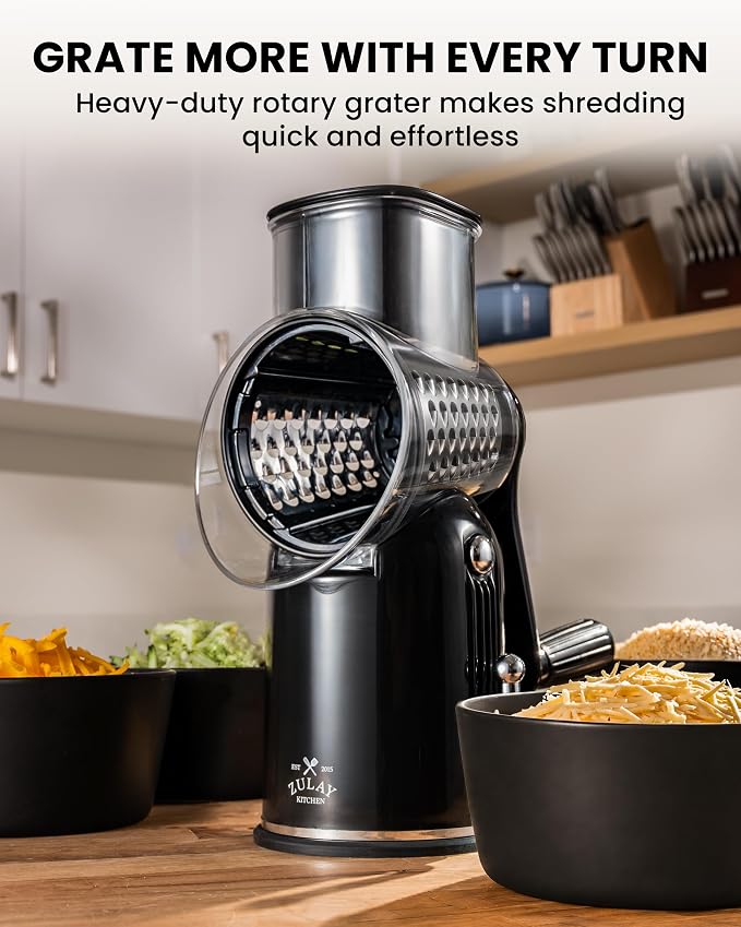 Zulay Kitchen Hand Crank Cheese Grater | 5-Blade Rotary Vegetable Slicer