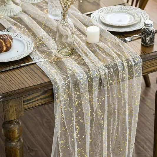 Beige Gold Gauze Table Runner 120 Inch with Glitter Foil