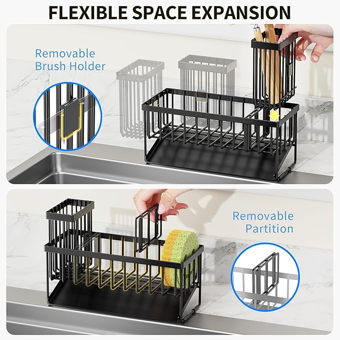 Cisily Stainless Steel Sink Organizer | Sponge Holder & Brush Holder with Drain Tray