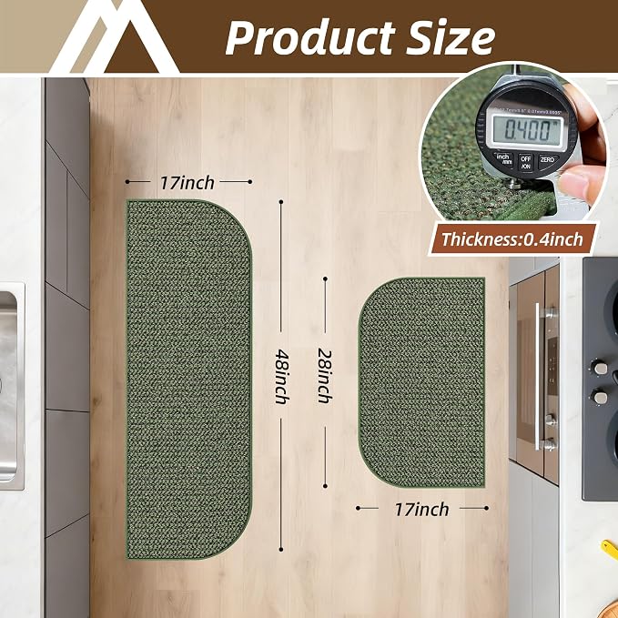 COSYHOMEER Half Moon Kitchen Mats | 2PCS Washable Non-Slip Sink Rugs, Green