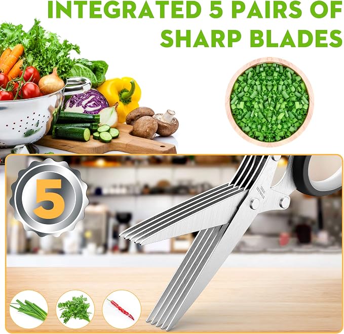 Herb Shears with 5 Blades | Stainless Steel Cutter for Basil, Parsley & Cilantro