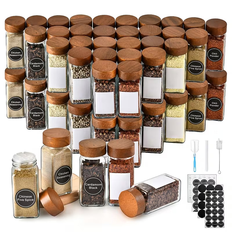 6/12/24/36pcs Acacia Wood Spice Shaker Set – Glass Salt & Pepper Jars