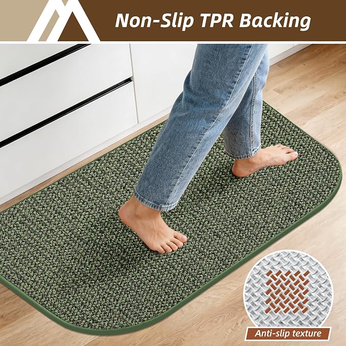 COSYHOMEER Half Moon Kitchen Mats | 2PCS Washable Non-Slip Sink Rugs, Green
