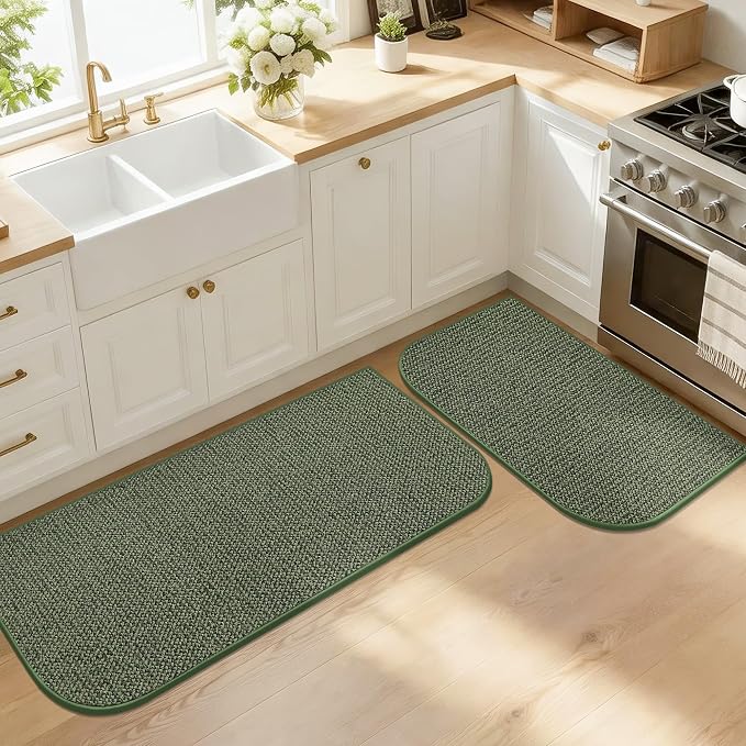 COSYHOMEER Half Moon Kitchen Mats | 2PCS Washable Non-Slip Sink Rugs, Green