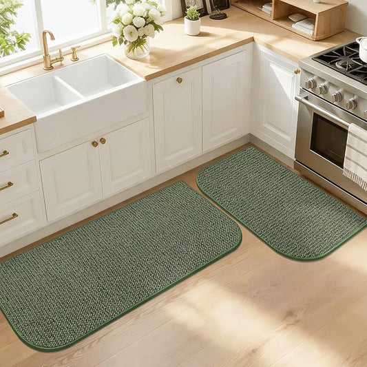 COSYHOMEER Half Moon Kitchen Mats | 2PCS Washable Non-Slip Sink Rugs, Green