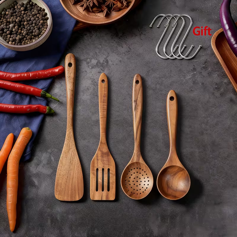10/4pcs Natural Wooden Kitchen Utensil Set – Durable Spoons for Stirring, Mixing & Serving