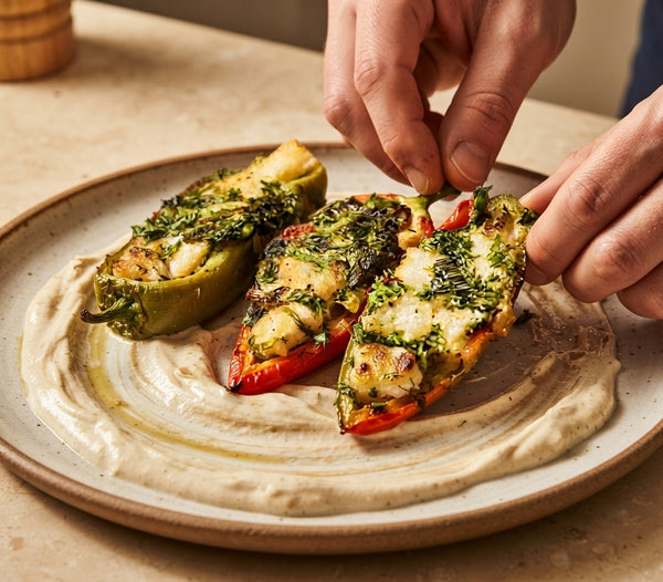 Heat olive oil in a skillet. Cook stuffed peppers fish- side down first for 3–4 minutes until golden, then turn to soften the pepper skin. Spread tahini-yogurt sauce across a plate, arrange warm stuffed peppers, dust with sumac, and serve with freshly baked pitas.