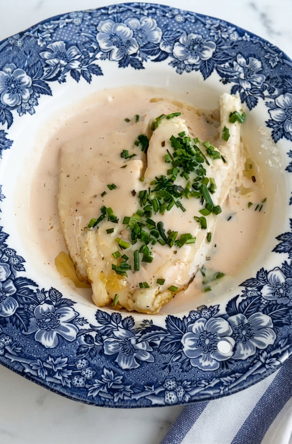 Spoon warm Beurre Blanc sauce onto plates, place seared fish skin-
side up on top, and garnish with chives.