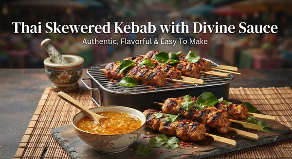 Place grilled kebabs inside fresh lettuce leaves, drizzle generously
with the divine Thai sauce, top with crushed peanuts and fresh chili, and serve hot.