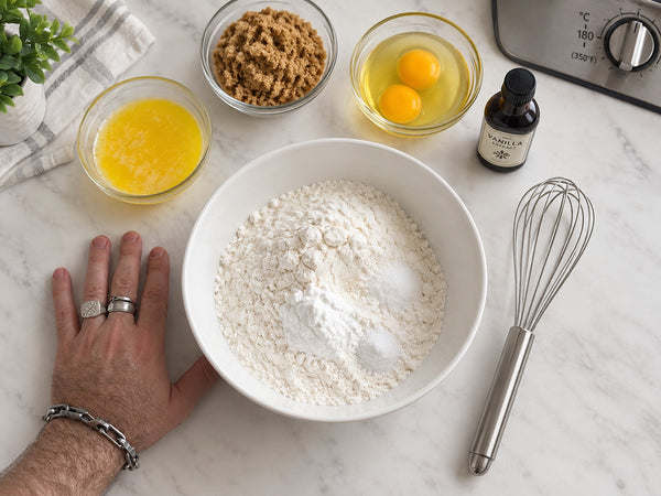 Arrange all your measured ingredients on the counter, including the bowl of dry ingredients, small bowls of eggs, butter, and flavorings, ready to begin.
