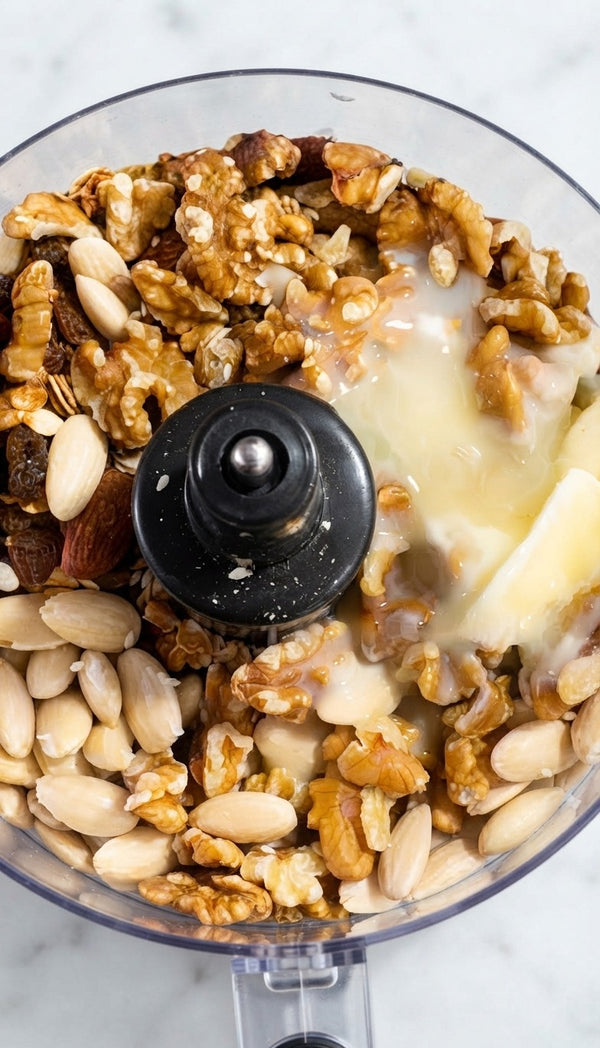 Pour dry grains or puffed rice into the mixing bowl or food processor base.