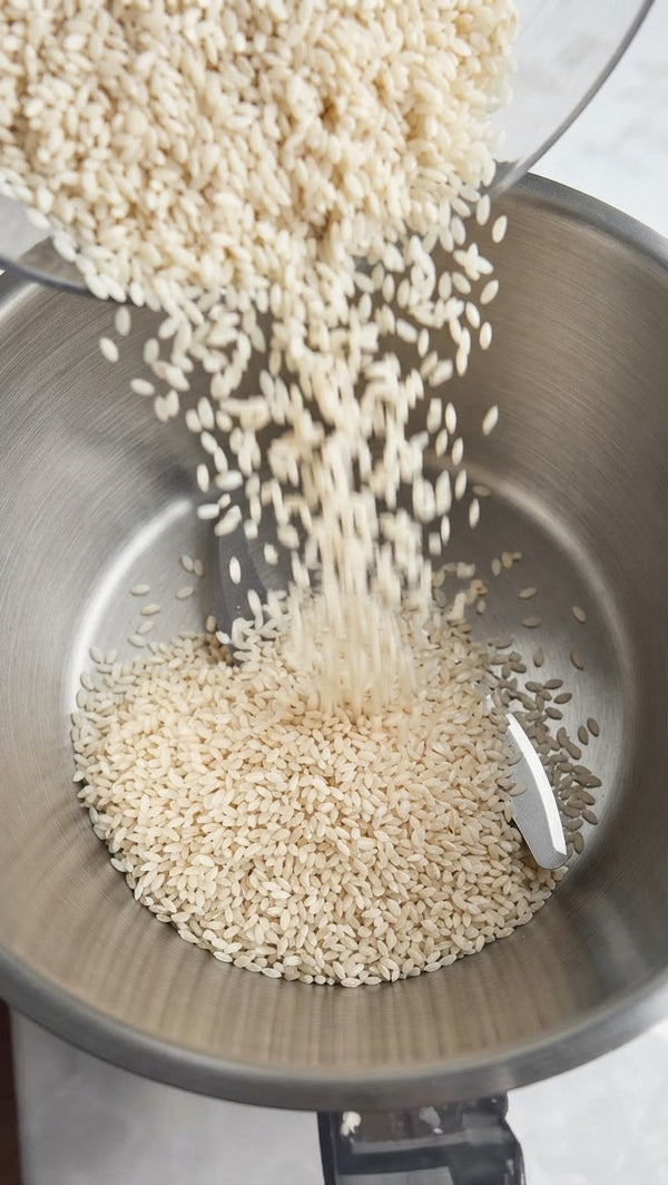 Pour dry grains or puffed rice into the mixing bowl or food processor base.