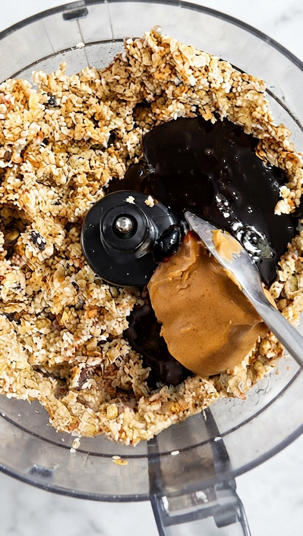 Blend the mixture thoroughly with dark syrup and a dollop of nut butter.