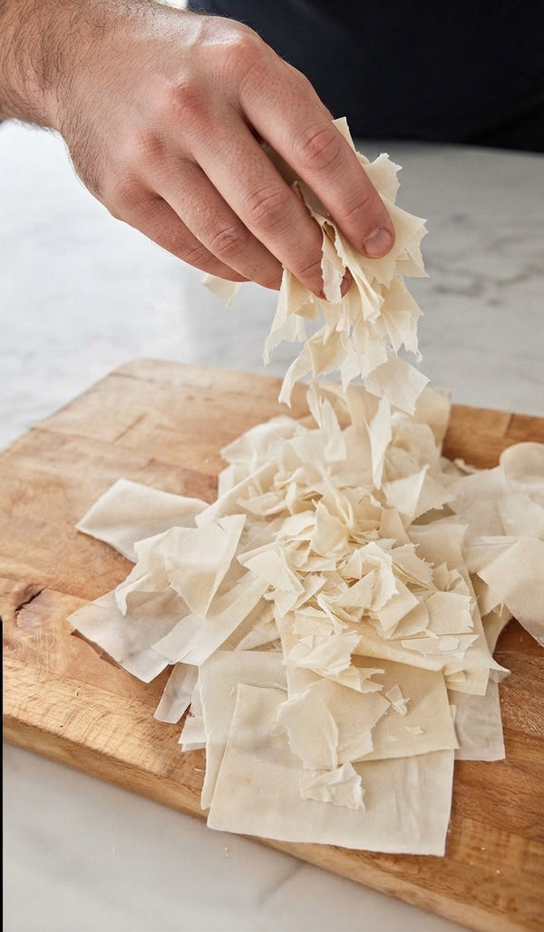 The cut rectangles are peeled apart and manually torn or 