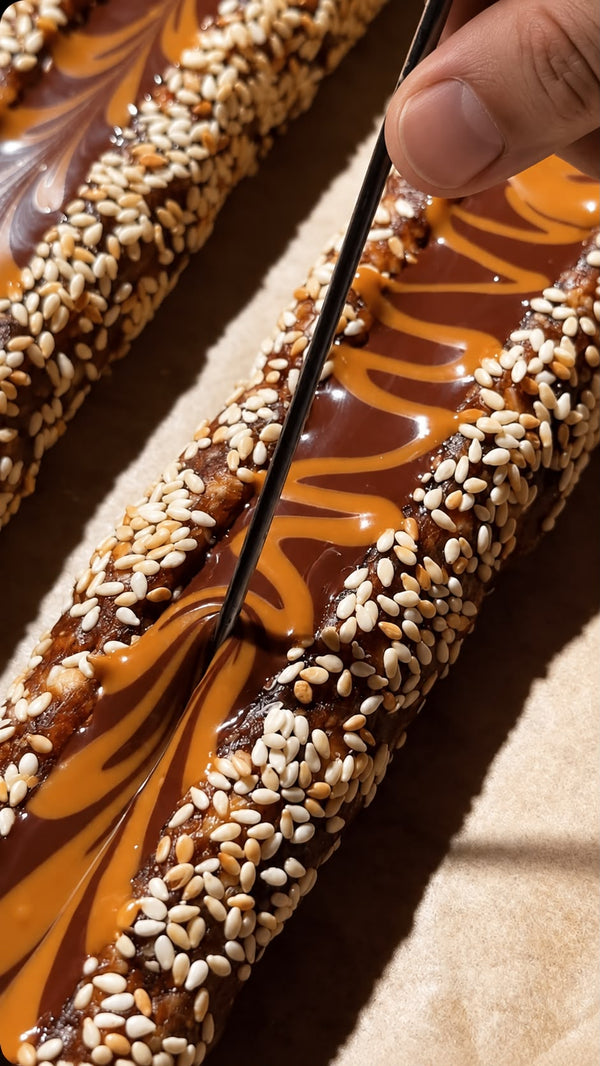 Melt chocolate with milk of choice until glossy. Pour chocolate into the center trench. Drizzle pistachio paste or peanut butter on top and swirl gently with a toothpick.